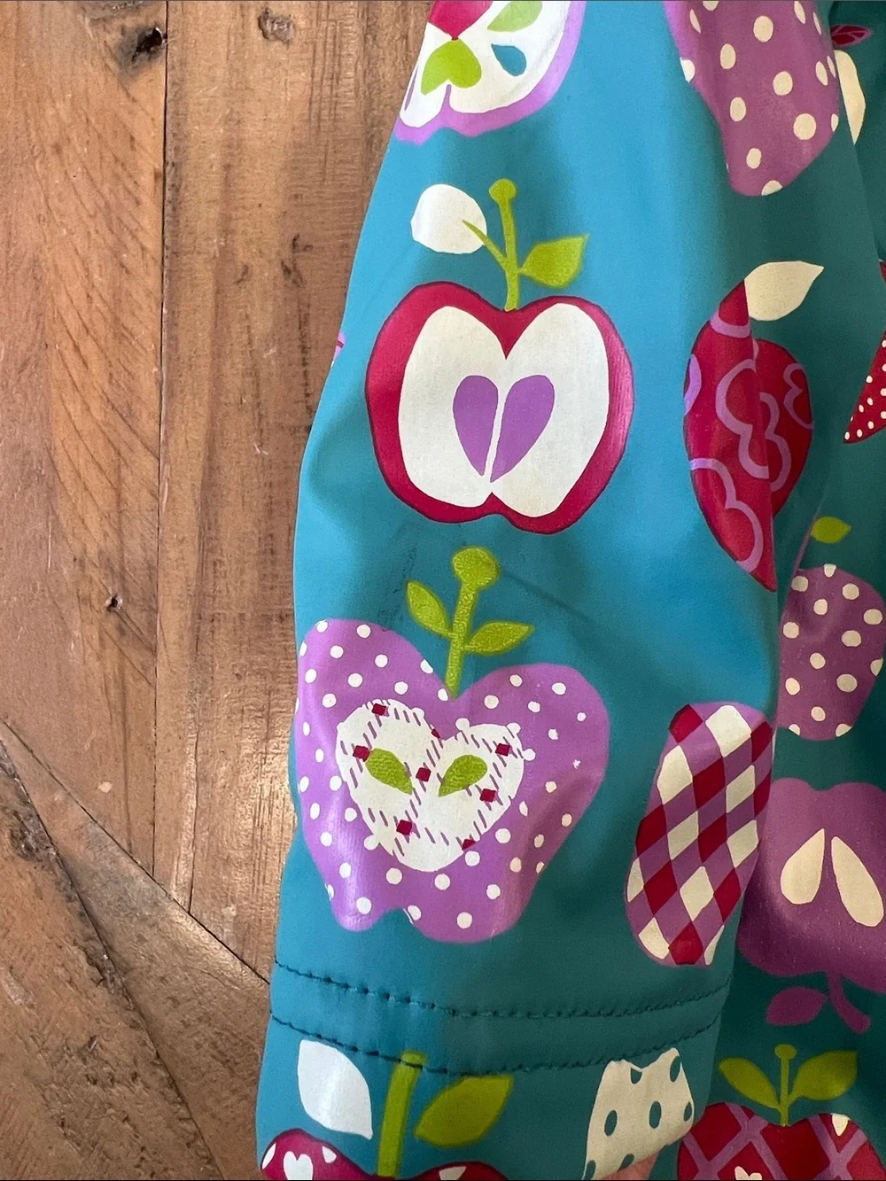 Hatley teal apple and worm print hooded raincoat girls 2T lined
